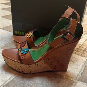 Vintage Miss Sixty Brown Leather Floral Cork Wedge Sandals Sz 37 🆕